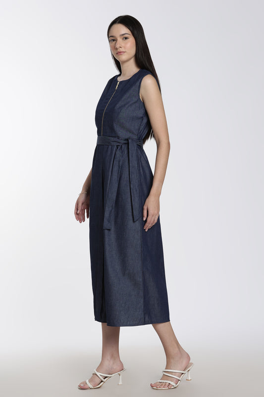 Denim Tie-Waist Midi Dress
