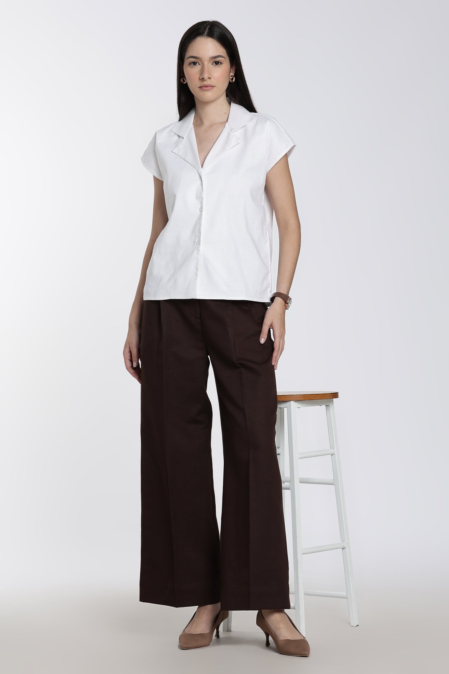 White Notch Lapel Collar Cotton Top