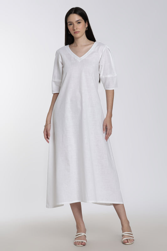 White Cotton V-Neck Midi Dress