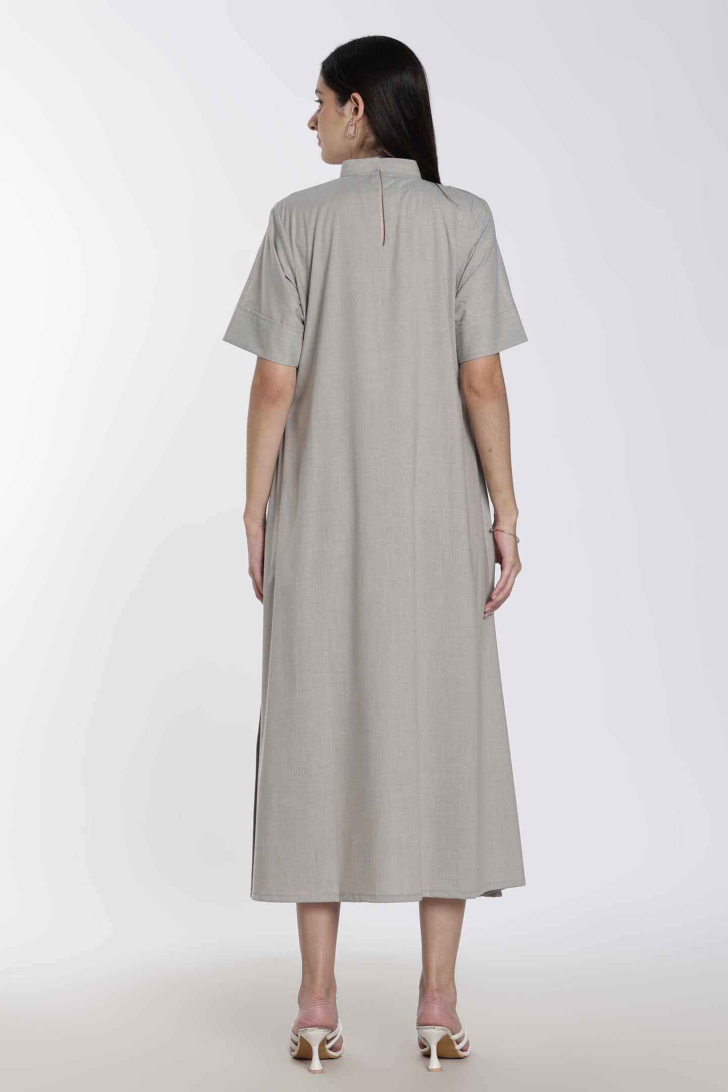 Women’s Grey High-Neck Midi Dress with Pockets