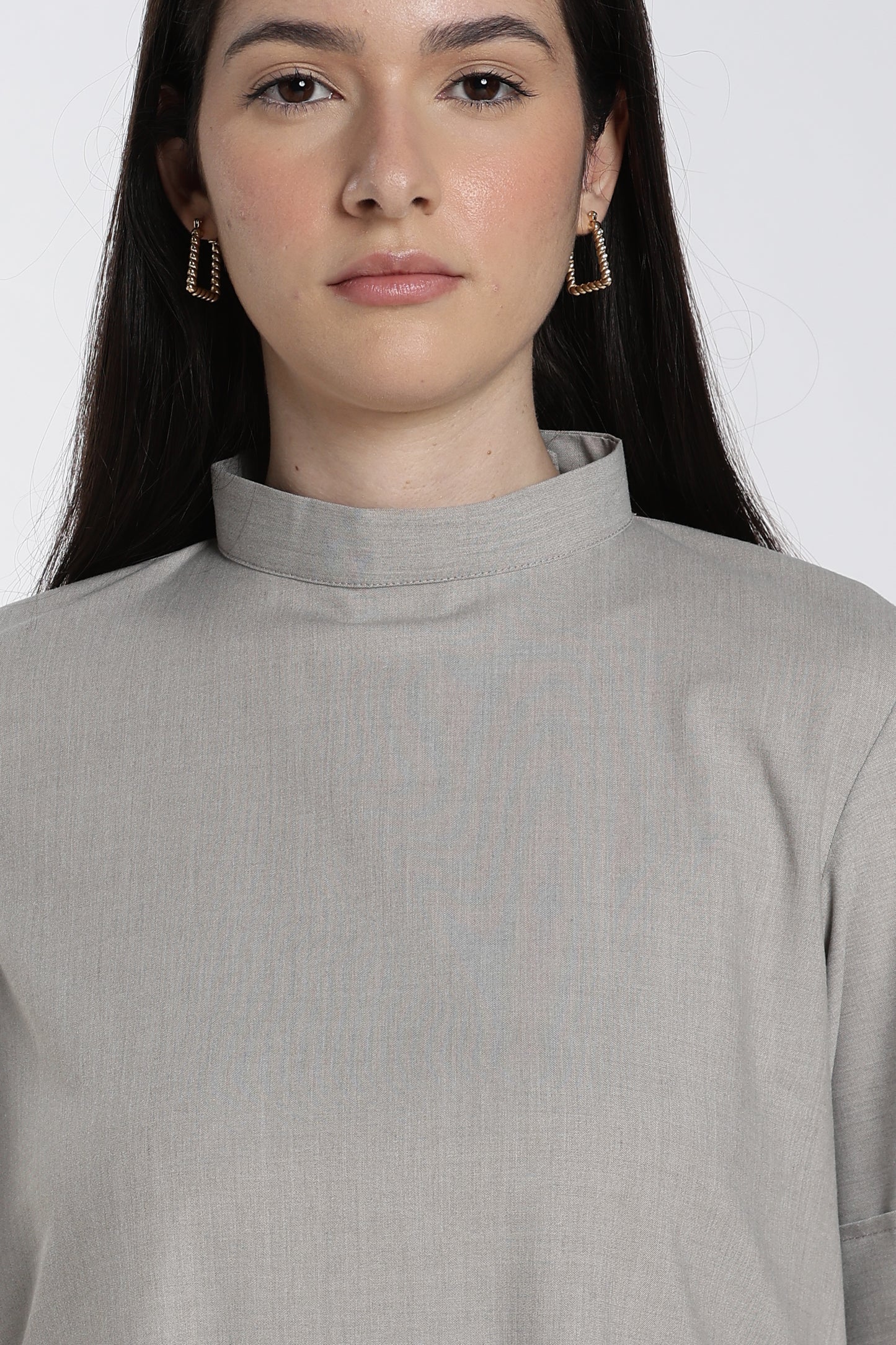 Women’s Grey High-Neck Midi Dress with Pockets
