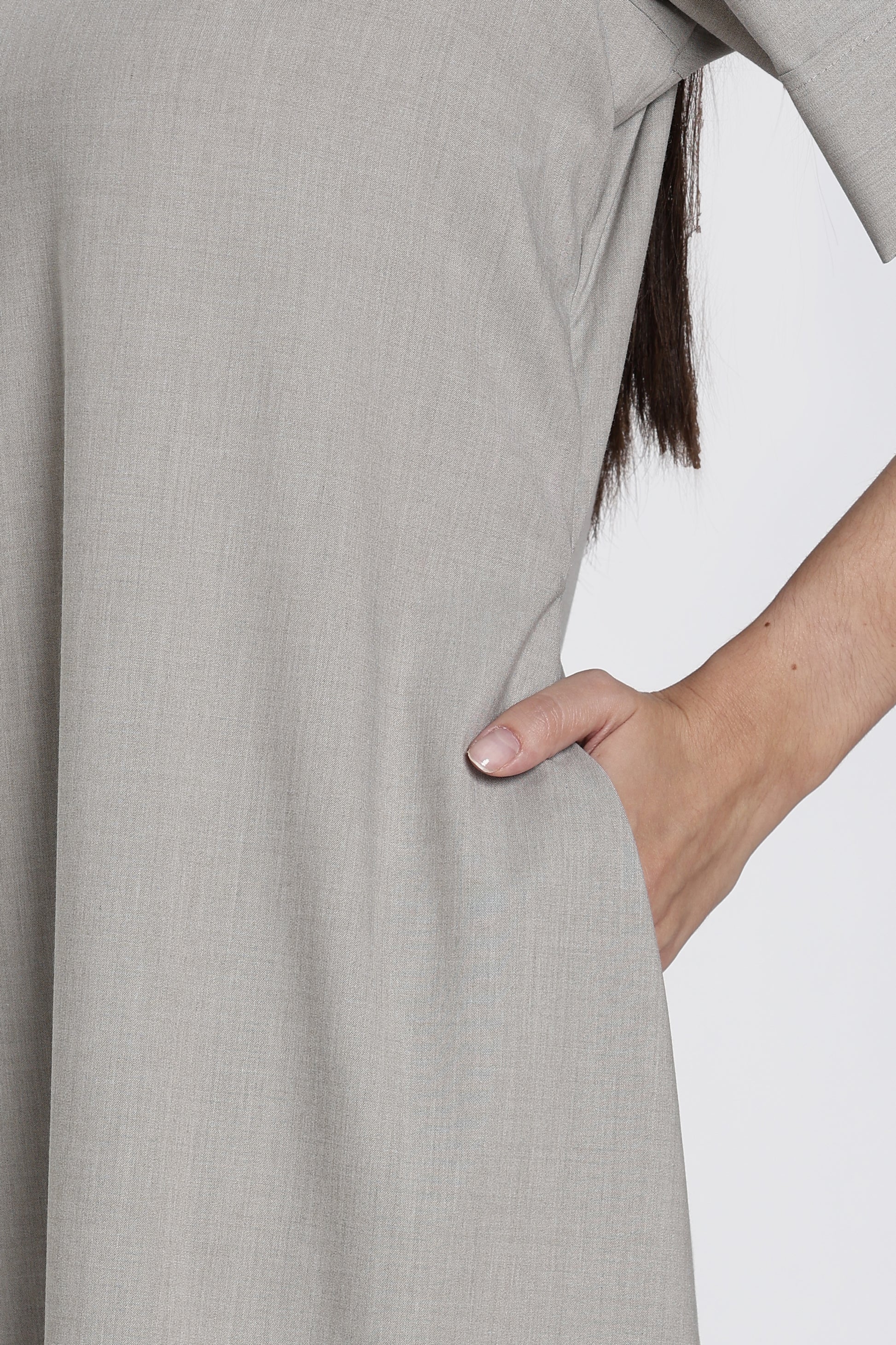 Women’s Grey High-Neck Midi Dress with Pockets