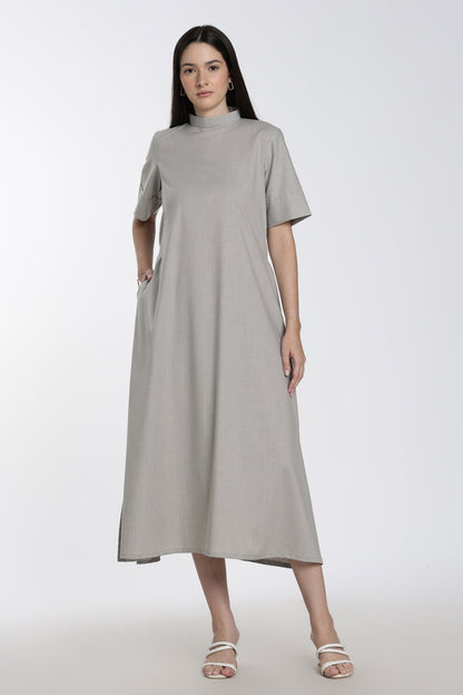 Women’s Grey High-Neck Midi Dress with Pockets