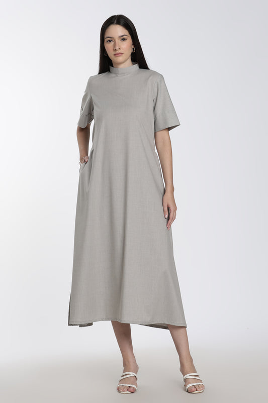 Women’s Grey High-Neck Midi Dress with Pockets