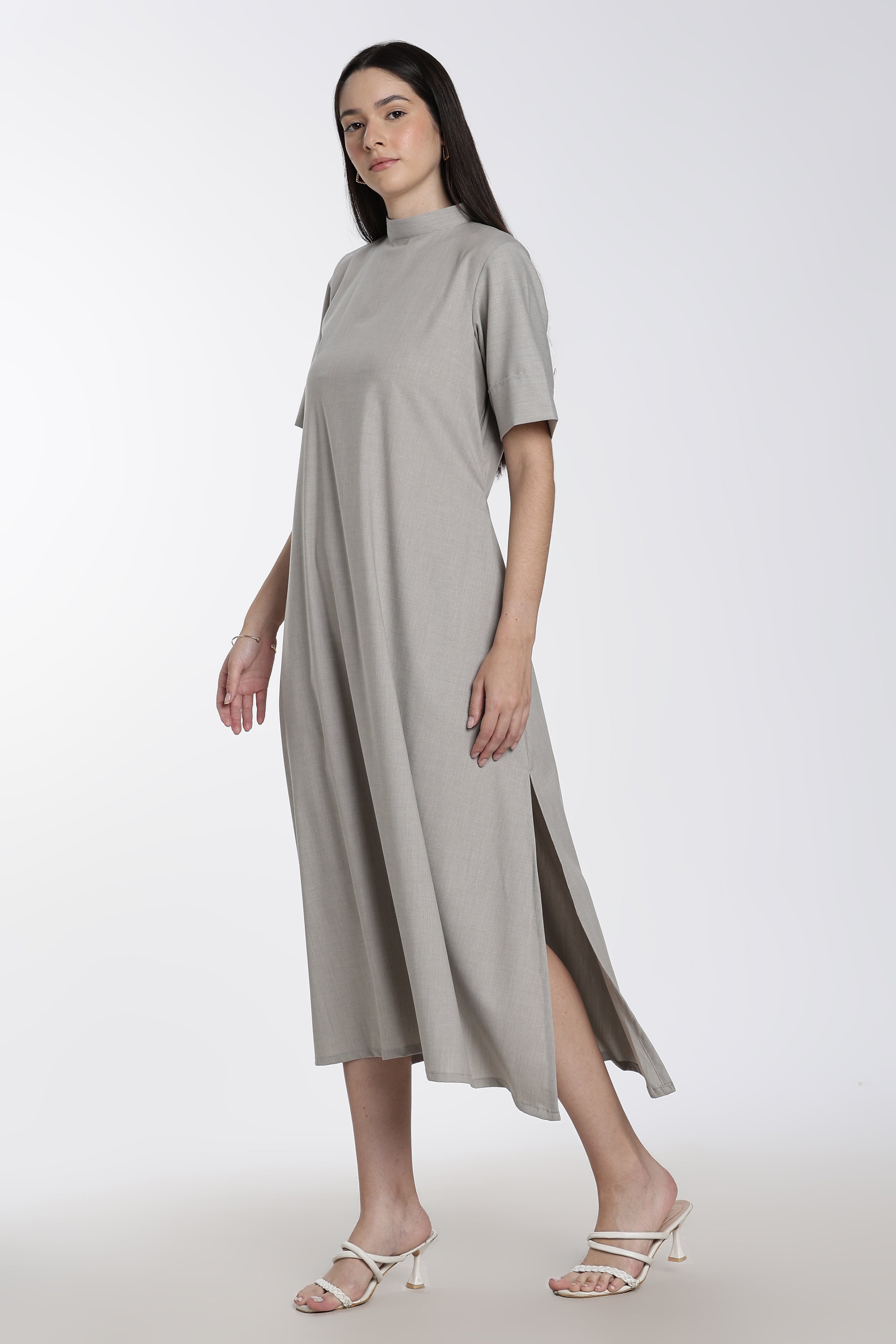 Women’s Grey High-Neck Midi Dress with Pockets