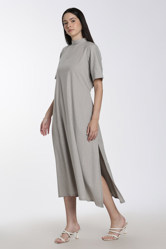 Women’s Grey High-Neck Midi Dress with Pockets