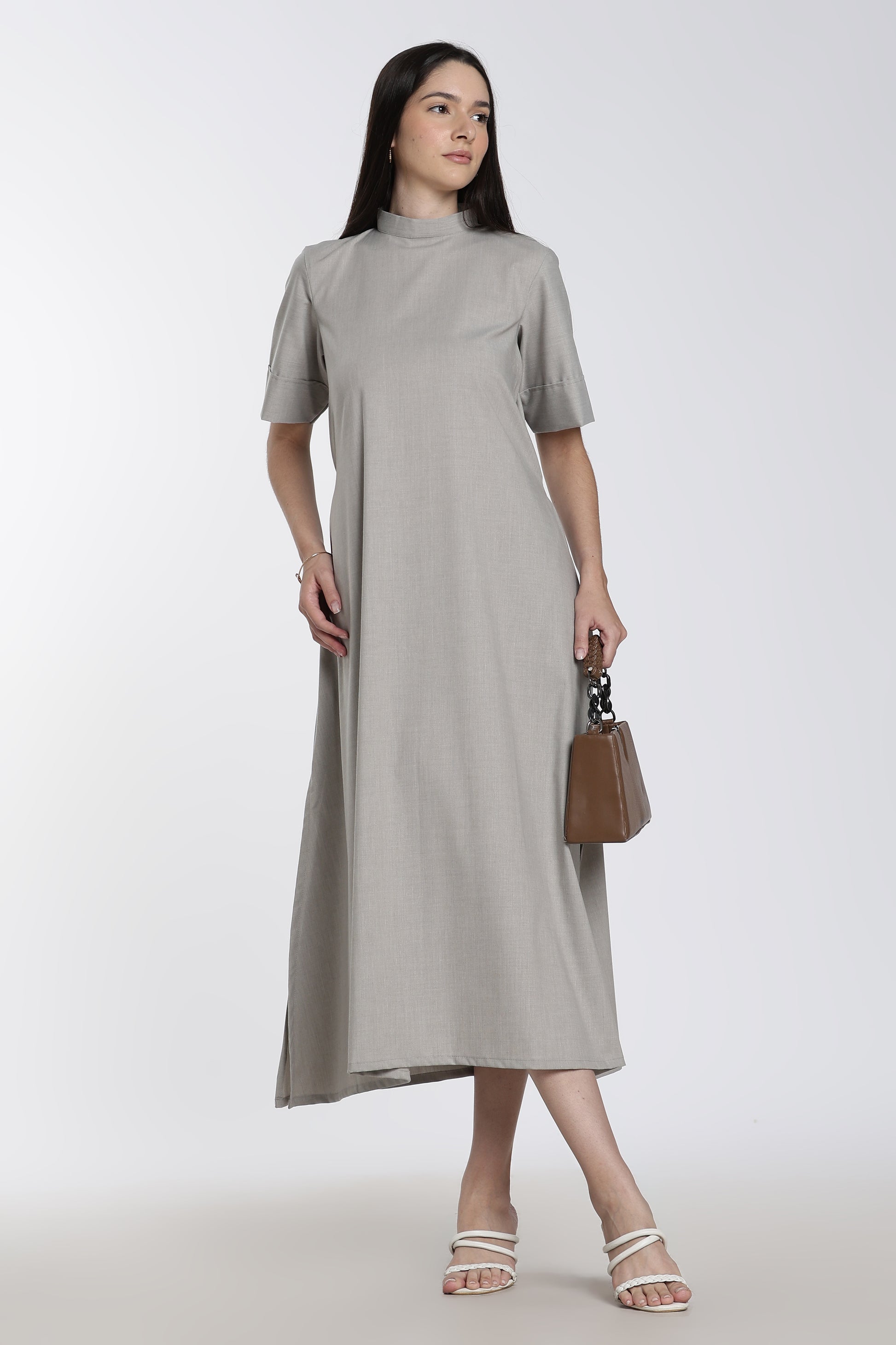 Women’s Grey High-Neck Midi Dress with Pockets
