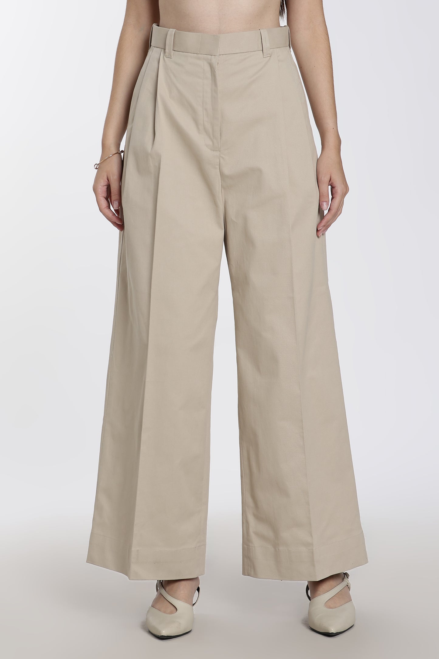 Women's Beige High Waisted Wide-Leg Trousers
