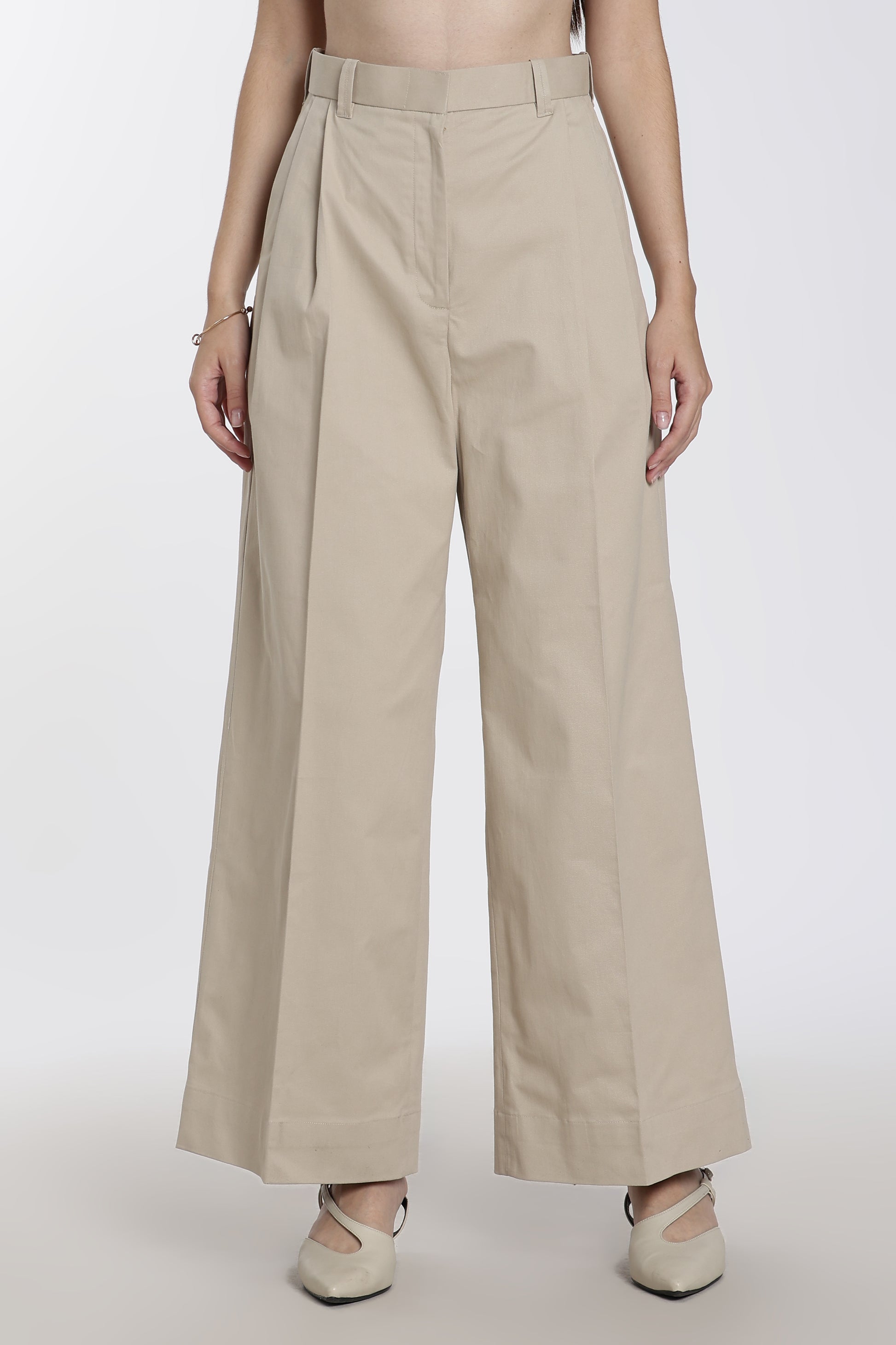 Women's Beige High Waisted Wide-Leg Trousers