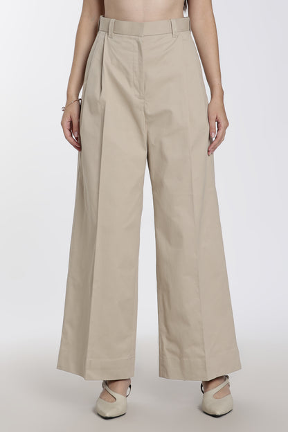Women's Beige High Waisted Wide-Leg Trousers