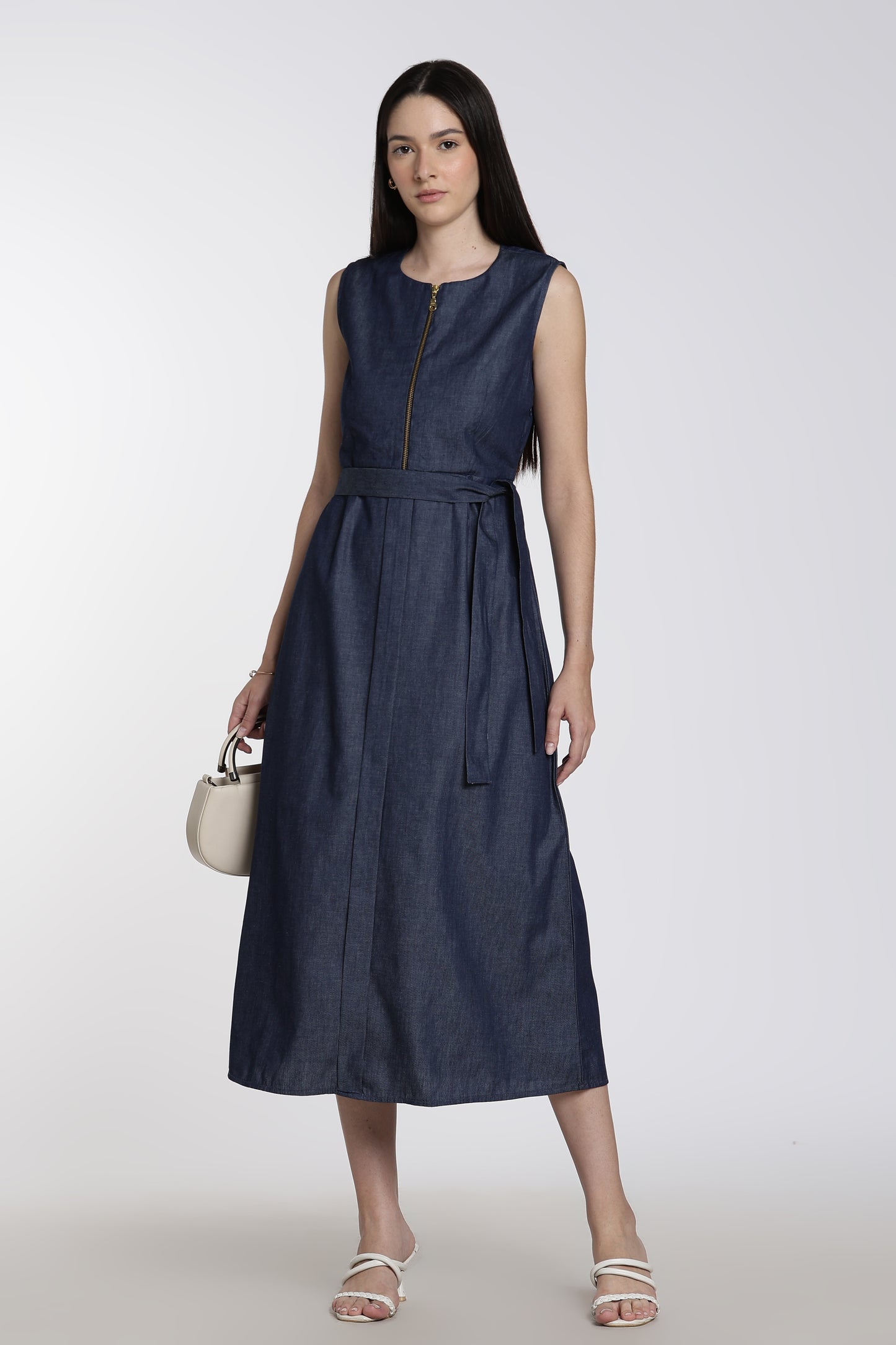 Denim Tie-Waist Midi Dress