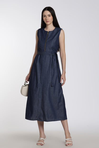 Denim Tie-Waist Midi Dress