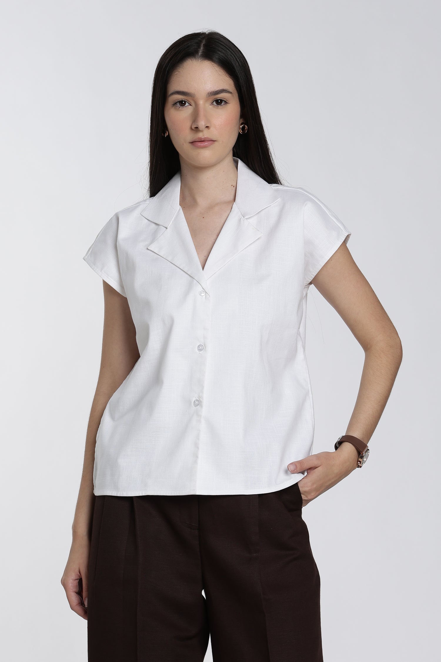 White Notch Lapel Collar Cotton Top