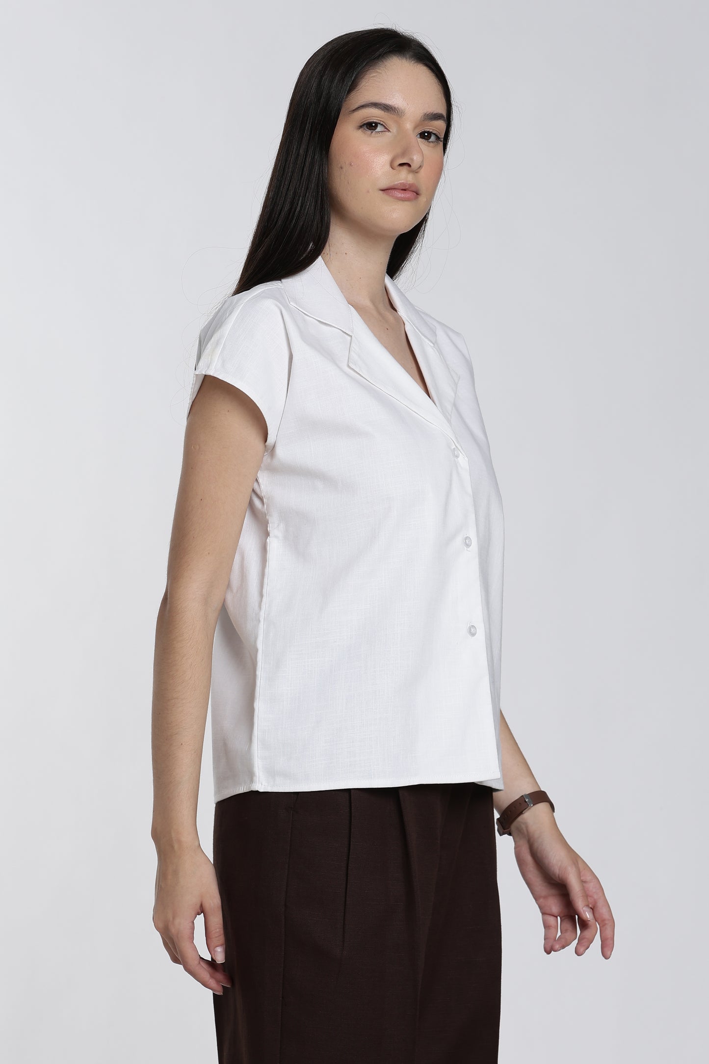 White Notch Lapel Collar Cotton Top