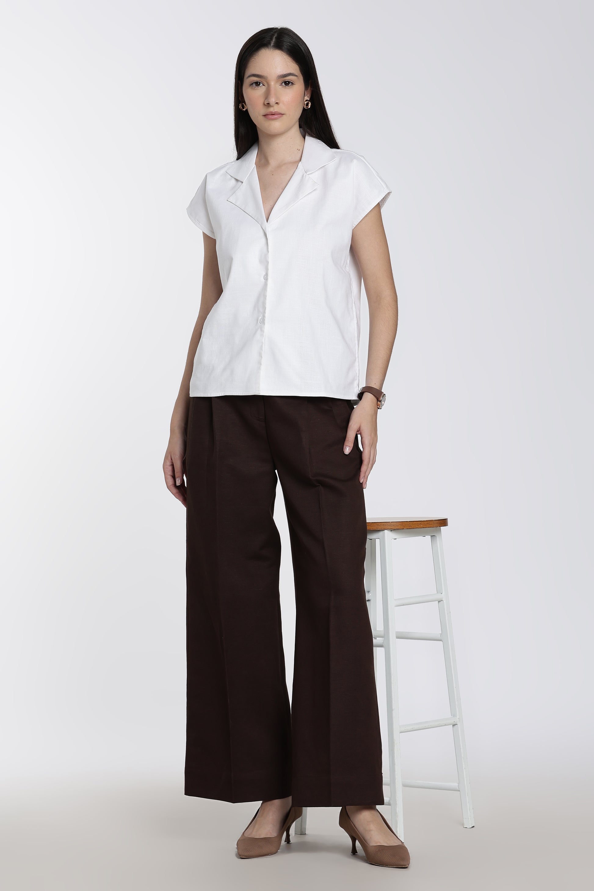 White Notch Lapel Collar Cotton Top